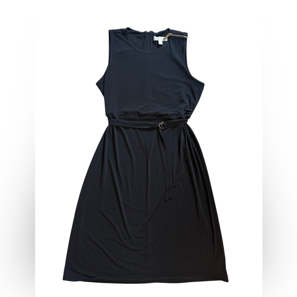 Michael Kors Sleeveless Black Midi Dress Belted Shoulder Zipper size XL - Picture 2 of 10